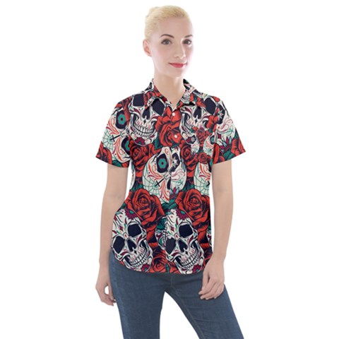 Vintage Day Dead Seamless Pattern Women s Short Sleeve Pocket Shirt by Pakemis