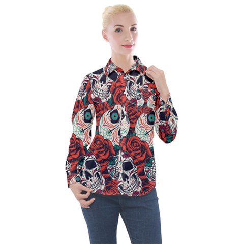 Vintage Day Dead Seamless Pattern Women s Long Sleeve Pocket Shirt by Pakemis