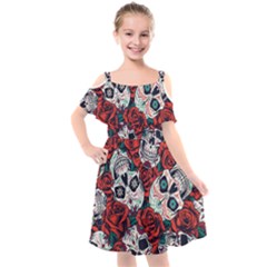 Vintage Day Dead Seamless Pattern Kids  Cut Out Shoulders Chiffon Dress by Pakemis