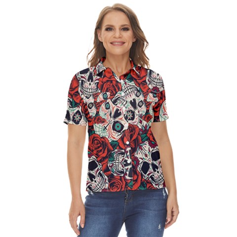 Vintage Day Dead Seamless Pattern Women s Short Sleeve Double Pocket Shirt by Pakemis