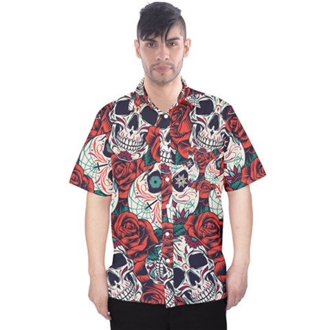 Vintage Day Dead Seamless Pattern Men s Hawaii Shirt by Pakemis