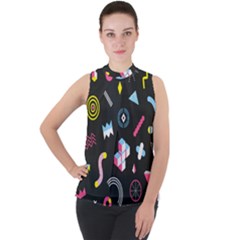 Memphis Design Seamless Pattern Mock Neck Chiffon Sleeveless Top by Pakemis