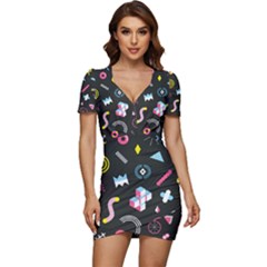 Memphis Design Seamless Pattern Low Cut Cap Sleeve Mini Dress