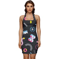 Memphis Design Seamless Pattern Sleeveless Wide Square Neckline Ruched Bodycon Dress