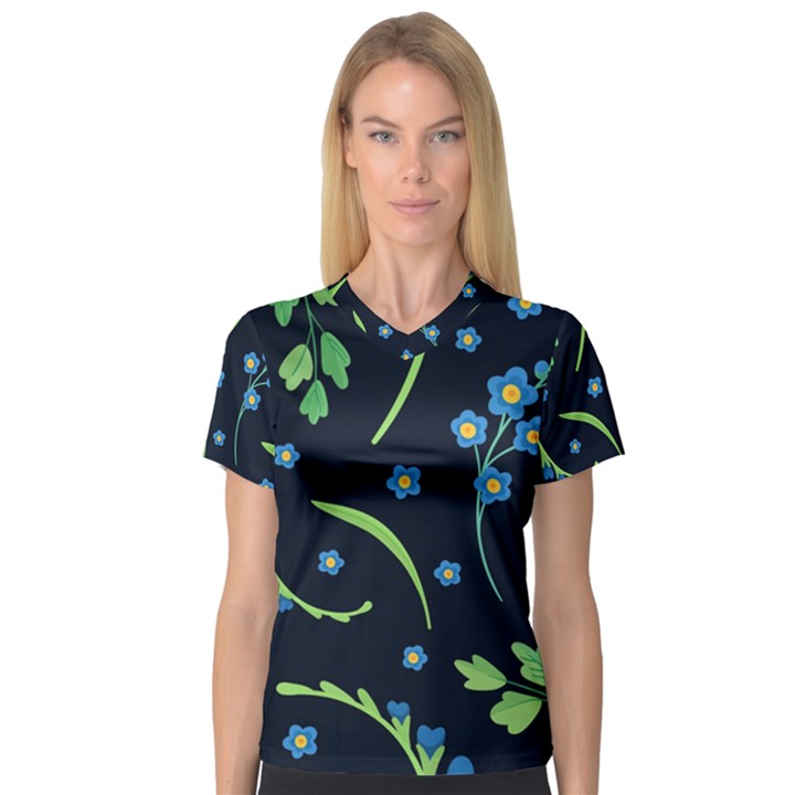 Abstract Wild Flower Dark Blue Background Blue Flowers Blossoms Flat Retro Seamless Pattern Daisy V-Neck Sport Mesh Tee