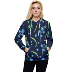 Abstract Wild Flower Dark Blue Background Blue Flowers Blossoms Flat Retro Seamless Pattern Daisy Women s Lightweight Drawstring Hoodie