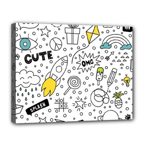 Set Cute Colorful Doodle Hand Drawing Canvas 14  X 11  (stretched) by Pakemis