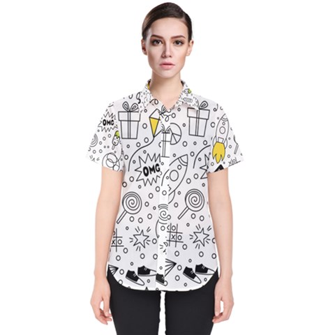 Set Cute Colorful Doodle Hand Drawing Women s Short Sleeve Shirt by Pakemis