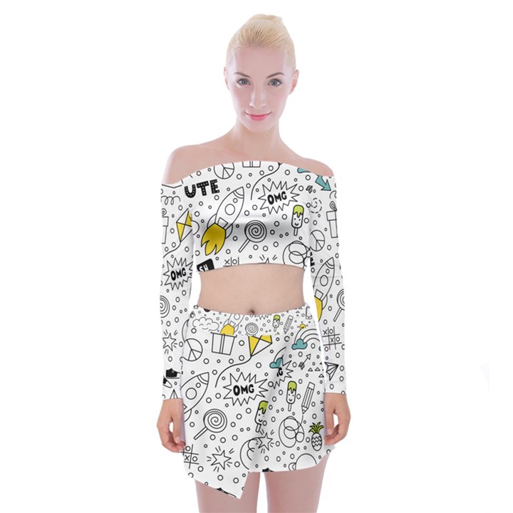 Set Cute Colorful Doodle Hand Drawing Off Shoulder Top with Mini Skirt Set