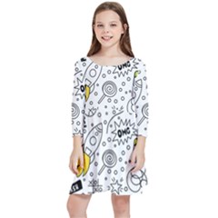 Set Cute Colorful Doodle Hand Drawing Kids  Quarter Sleeve Skater Dress by Pakemis