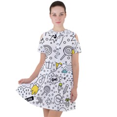 Set Cute Colorful Doodle Hand Drawing Short Sleeve Shoulder Cut Out Dress  by Pakemis