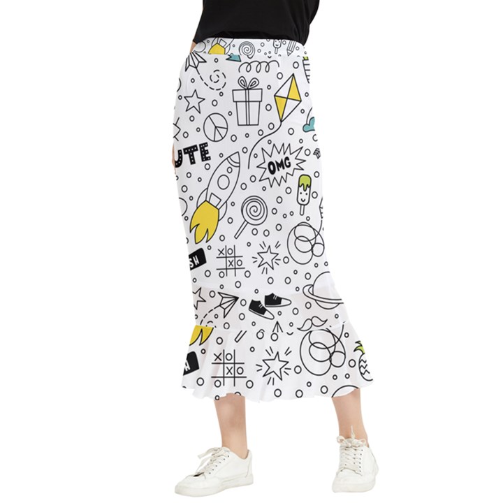 Set Cute Colorful Doodle Hand Drawing Maxi Fishtail Chiffon Skirt