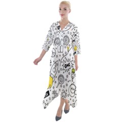 Set Cute Colorful Doodle Hand Drawing Quarter Sleeve Wrap Front Maxi Dress by Pakemis