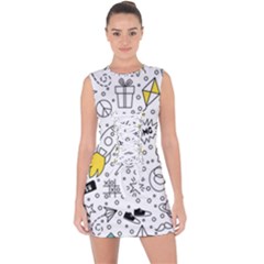 Set Cute Colorful Doodle Hand Drawing Lace Up Front Bodycon Dress by Pakemis