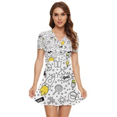 Set Cute Colorful Doodle Hand Drawing V-neck High Waist Chiffon Mini Dress by Pakemis