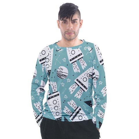 Cute Seamless Pattern With Rocket Planets Stars Men s Long Sleeve Raglan Tee by Pakemis