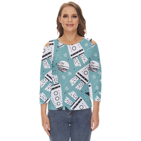 Cute Seamless Pattern With Rocket Planets Stars Cut Out Wide Sleeve Top by Pakemis