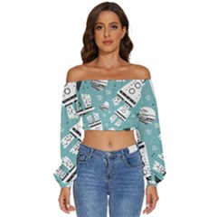 Cute Seamless Pattern With Rocket Planets Stars Long Sleeve Crinkled Weave Crop Top