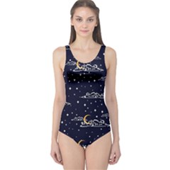 Hand Drawn Scratch Style Night Sky With Moon Cloud Space Among Stars Seamless Pattern Vector Design One Piece Swimsuit by Pakemis