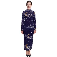 Hand Drawn Scratch Style Night Sky With Moon Cloud Space Among Stars Seamless Pattern Vector Design Turtleneck Maxi Dress by Pakemis