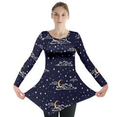 Hand Drawn Scratch Style Night Sky With Moon Cloud Space Among Stars Seamless Pattern Vector Design Long Sleeve Tunic  by Pakemis