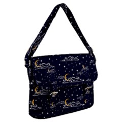 Hand Drawn Scratch Style Night Sky With Moon Cloud Space Among Stars Seamless Pattern Vector Design Buckle Messenger Bag by Pakemis