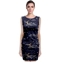 Hand Drawn Scratch Style Night Sky With Moon Cloud Space Among Stars Seamless Pattern Vector Design Classic Sleeveless Midi Dress by Pakemis