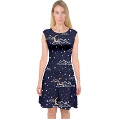 Hand Drawn Scratch Style Night Sky With Moon Cloud Space Among Stars Seamless Pattern Vector Design Capsleeve Midi Dress by Pakemis