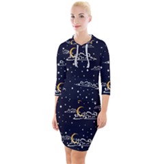 Hand Drawn Scratch Style Night Sky With Moon Cloud Space Among Stars Seamless Pattern Vector Design Quarter Sleeve Hood Bodycon Dress by Pakemis