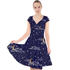 Hand Drawn Scratch Style Night Sky With Moon Cloud Space Among Stars Seamless Pattern Vector Design Cap Sleeve Front Wrap Midi Dress by Pakemis