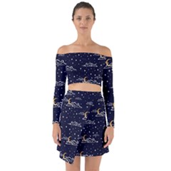 Hand Drawn Scratch Style Night Sky With Moon Cloud Space Among Stars Seamless Pattern Vector Design Off Shoulder Top With Skirt Set