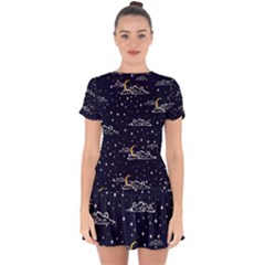 Hand Drawn Scratch Style Night Sky With Moon Cloud Space Among Stars Seamless Pattern Vector Design Drop Hem Mini Chiffon Dress by Pakemis