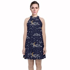 Hand Drawn Scratch Style Night Sky With Moon Cloud Space Among Stars Seamless Pattern Vector Design Velvet Halter Neckline Dress  by Pakemis