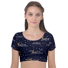 Hand Drawn Scratch Style Night Sky With Moon Cloud Space Among Stars Seamless Pattern Vector Design Velvet Short Sleeve Crop Top  by Pakemis