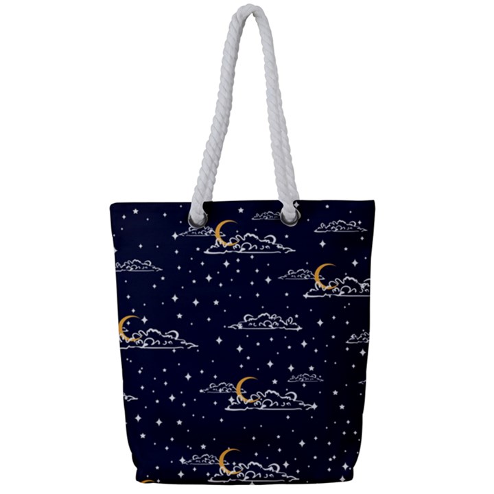 Hand Drawn Scratch Style Night Sky With Moon Cloud Space Among Stars Seamless Pattern Vector Design Full Print Rope Handle Tote (Small)