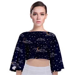 Hand Drawn Scratch Style Night Sky With Moon Cloud Space Among Stars Seamless Pattern Vector Design Tie Back Butterfly Sleeve Chiffon Top by Pakemis