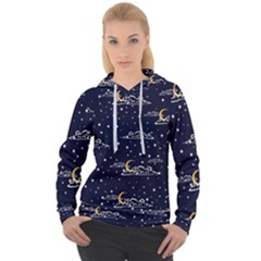 Hand Drawn Scratch Style Night Sky With Moon Cloud Space Among Stars Seamless Pattern Vector Design Women s Overhead Hoodie by Pakemis