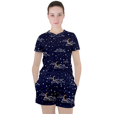 Hand Drawn Scratch Style Night Sky With Moon Cloud Space Among Stars Seamless Pattern Vector Design Women s Tee And Shorts Set by Pakemis