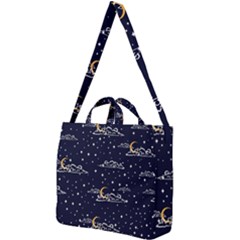 Hand Drawn Scratch Style Night Sky With Moon Cloud Space Among Stars Seamless Pattern Vector Design Square Shoulder Tote Bag by Pakemis