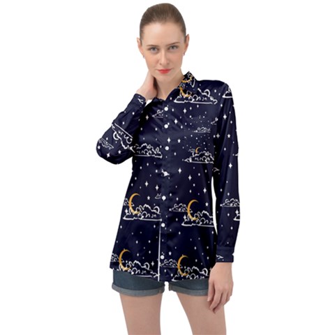 Hand Drawn Scratch Style Night Sky With Moon Cloud Space Among Stars Seamless Pattern Vector Design Long Sleeve Satin Shirt by Pakemis