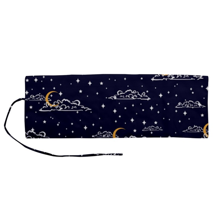 Hand Drawn Scratch Style Night Sky With Moon Cloud Space Among Stars Seamless Pattern Vector Design Roll Up Canvas Pencil Holder (M)