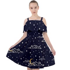 Hand Drawn Scratch Style Night Sky With Moon Cloud Space Among Stars Seamless Pattern Vector Design Cut Out Shoulders Chiffon Dress