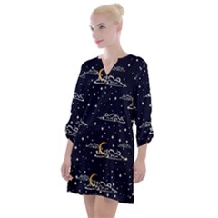 Hand Drawn Scratch Style Night Sky With Moon Cloud Space Among Stars Seamless Pattern Vector Design Open Neck Shift Dress by Pakemis