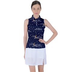 Hand Drawn Scratch Style Night Sky With Moon Cloud Space Among Stars Seamless Pattern Vector Design Women s Sleeveless Polo Tee by Pakemis