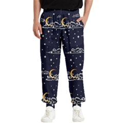 Hand Drawn Scratch Style Night Sky With Moon Cloud Space Among Stars Seamless Pattern Vector Design Men s Elastic Waist Pants by Pakemis