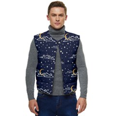 Hand Drawn Scratch Style Night Sky With Moon Cloud Space Among Stars Seamless Pattern Vector Design Men s Short Button Up Puffer Vest	 by Pakemis