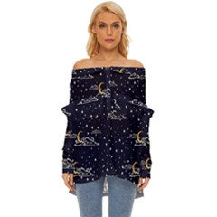 Hand Drawn Scratch Style Night Sky With Moon Cloud Space Among Stars Seamless Pattern Vector Design Off Shoulder Chiffon Pocket Shirt by Pakemis