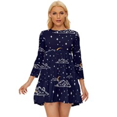 Hand Drawn Scratch Style Night Sky With Moon Cloud Space Among Stars Seamless Pattern Vector Design Long Sleeve Babydoll Dress