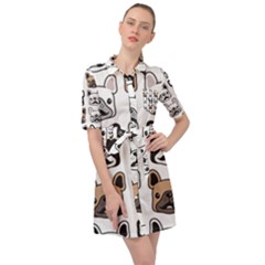 Dog French Bulldog Seamless Pattern Face Head Belted Shirt Dress by Pakemis