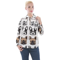 Dog French Bulldog Seamless Pattern Face Head Women s Long Sleeve Pocket Shirt